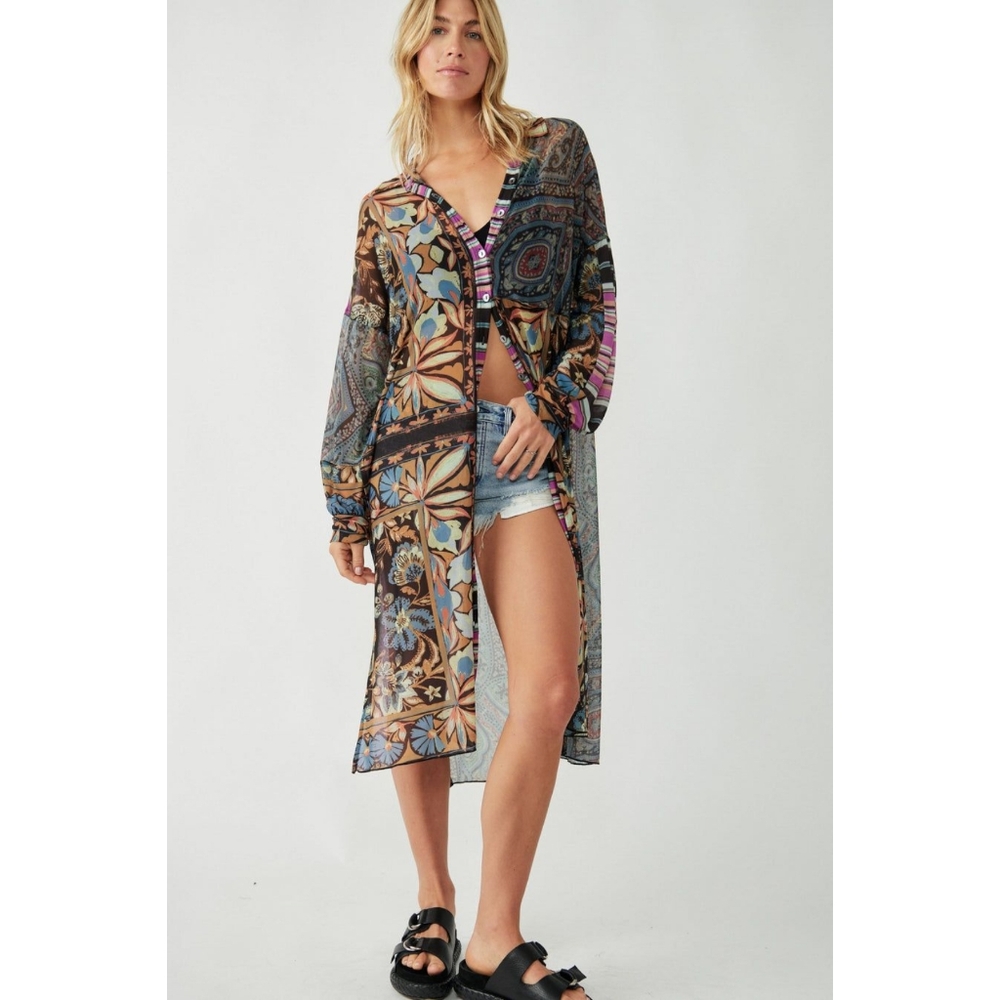 Free People Naomi Maxi Black Combo Sz Medium Collar Button Sheer Funky